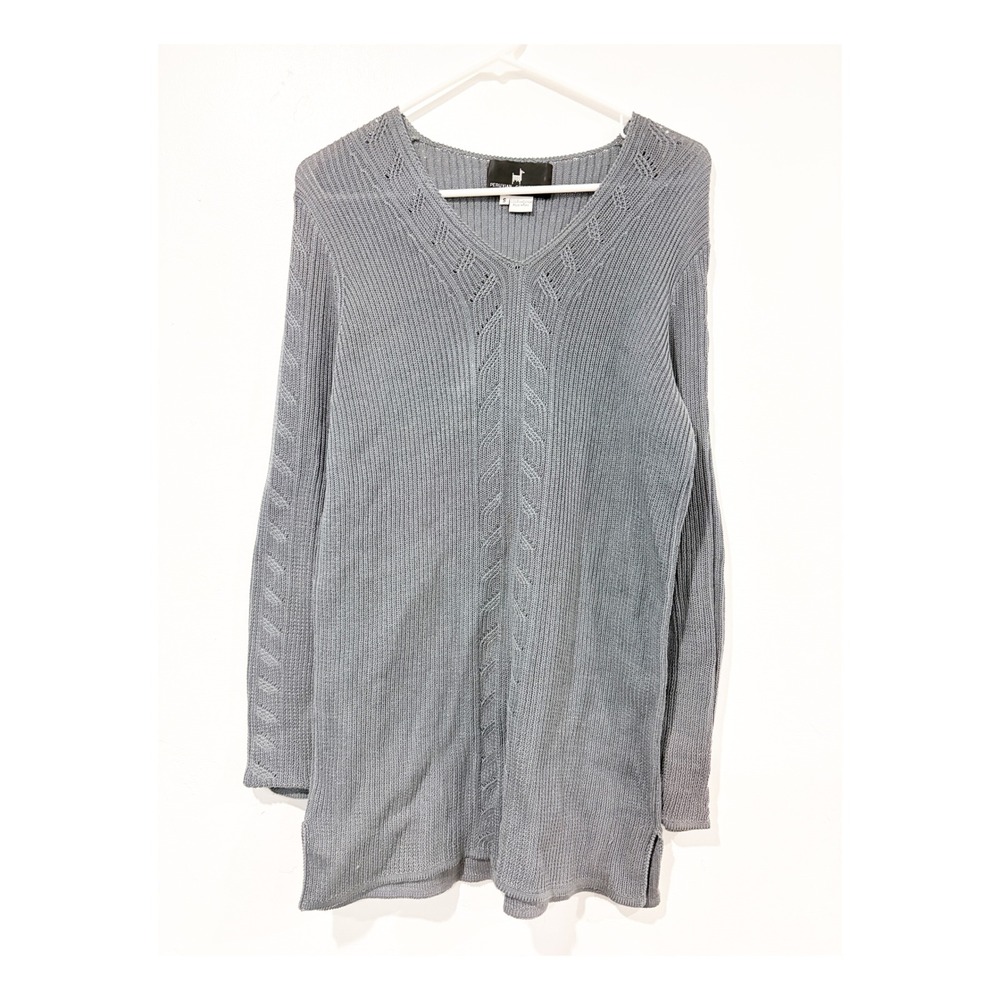 Peruvian‎ Connection Grey Pima Cotton V-Neck Pointelle Knit Tunic Sweater